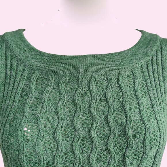 Tulle Office Siren Curvy Cable Knit w Rib Bodice Belt Back Sage Sweater Dress M - Picture 9 of 13